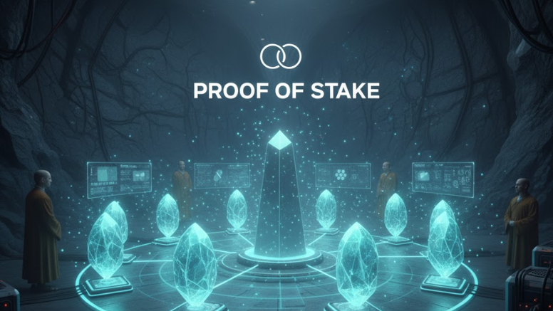 Representação visual de Proof of Stake (PoS) com foco em moedas digitais brilhantes empilhadas e conectadas por redes de energia verde, simbolizando a validação de blocos através da posse de ativos e eficiência energética.