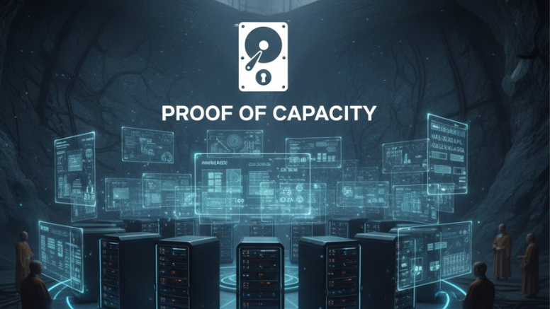 Infográfico de mineração Proof of Capacity (PoC) destacando grandes unidades de armazenamento e discos rígidos (HDDs) conectados em uma rede, ilustrando o uso de espaço em disco para a validação de transações em blockchain. 