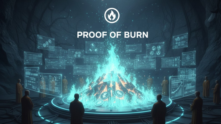 Imagem simbólica de Proof of Burn (PoB) exibindo tokens de criptomoeda sendo consumidos por uma chama digital azul e laranja, representando o processo de destruição de moedas para ganhar direitos de mineração.