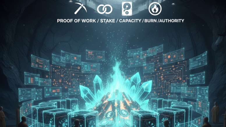 Conceito de Proof of Authority (PoA) apresentando identidades digitais verificadas e selos de aprovação oficiais conectados a nós de uma rede blockchain, destacando a validação baseada em reputação e validadores confiáveis.